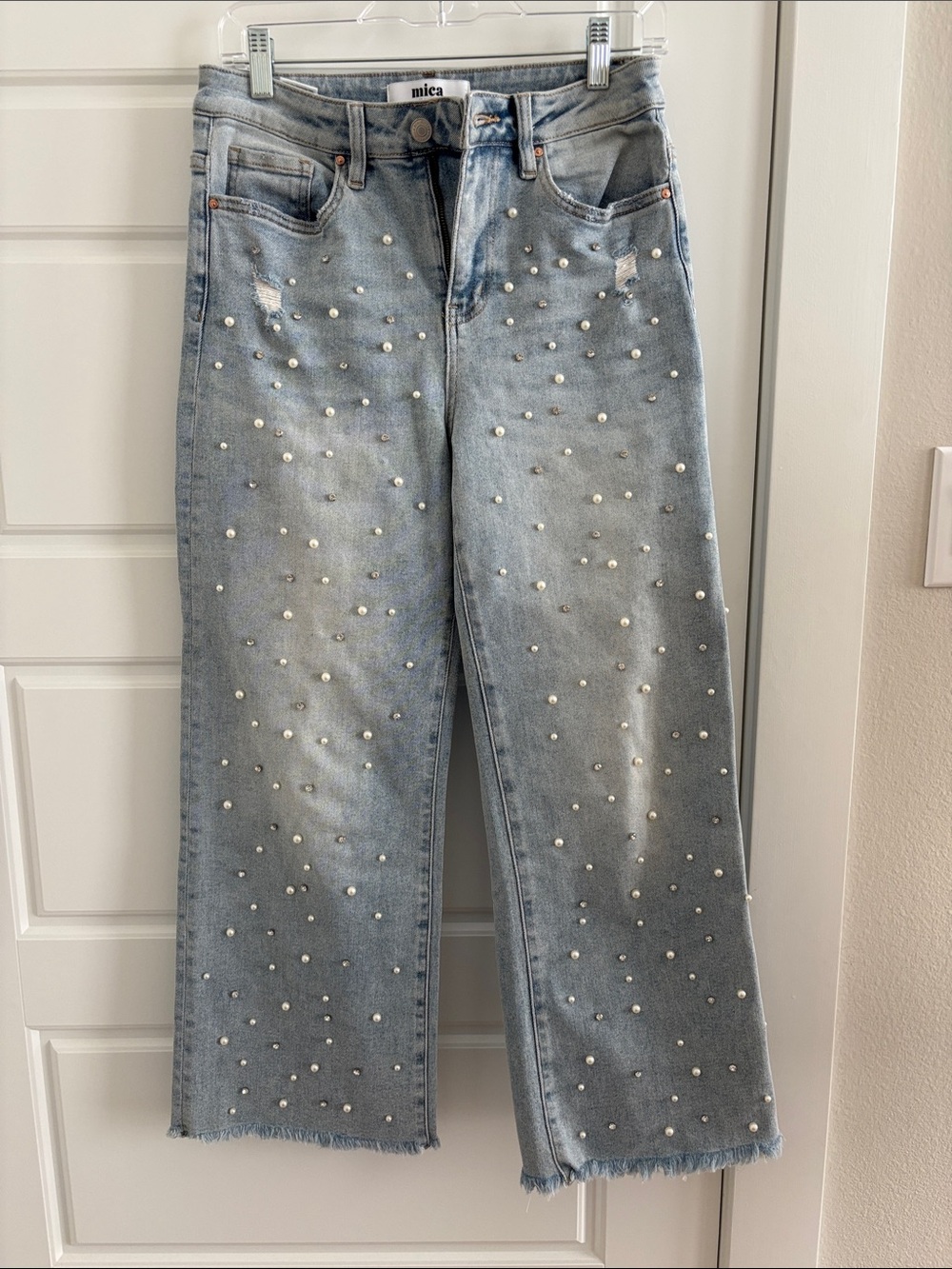 mica Light Blue Pearl & Rhinestone Embellished Wide Leg Jeans